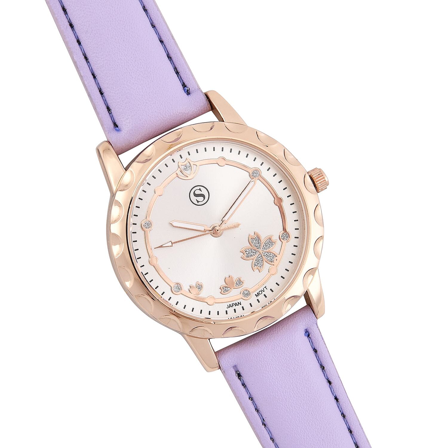STRADA Japanese Movement Floral Pattern Rose Gold Dial Water Resistant Watch with Purple Strap