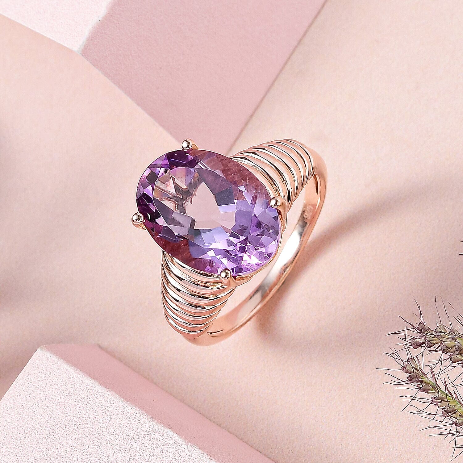 Rose De France Amethyst Ring in 18K Vermeil Rose Gold Plated Sterling Silver 5.38 Ct.