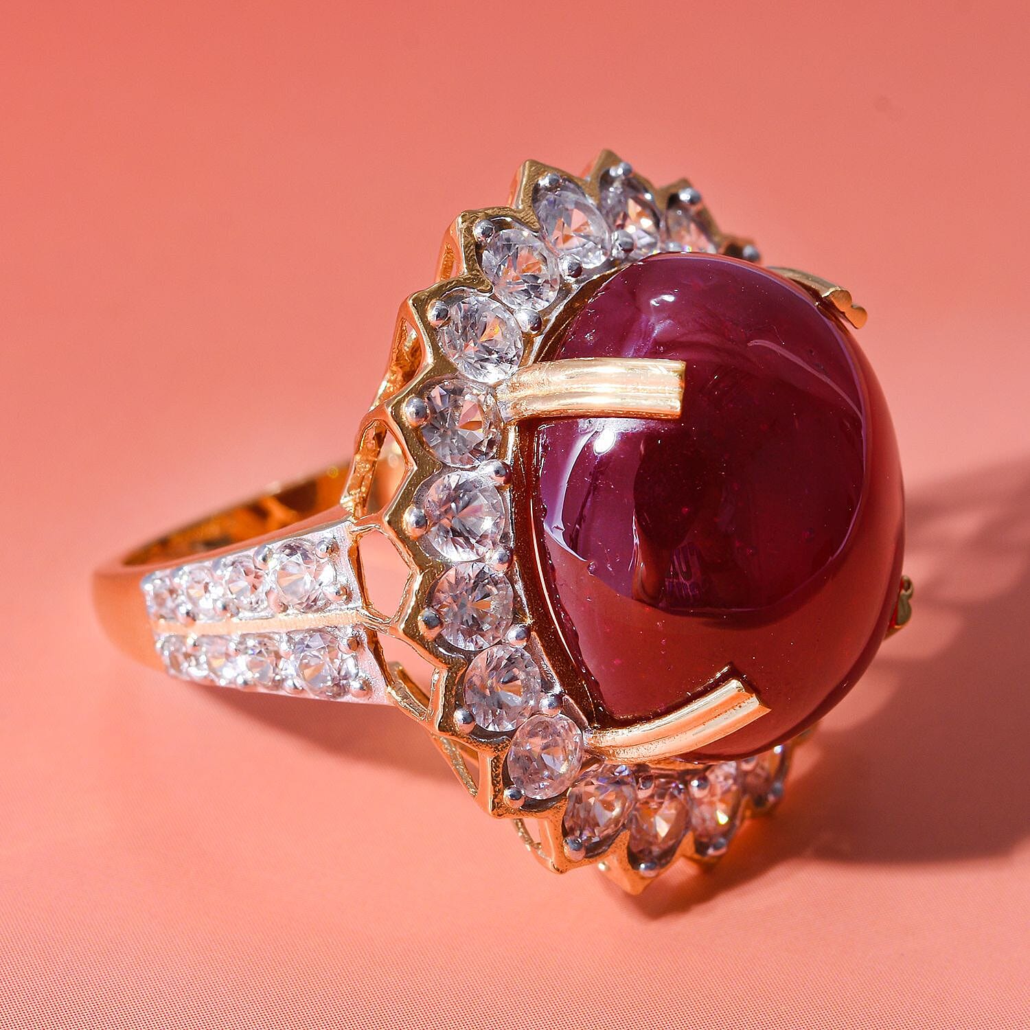 Biggest Ruby Ring Deal of 2023 - Ruby and Natural Zircon Ring in 18K YG Plated Sterling Silver 34.50 Ct, Silver Wt. 6.18 Gms.