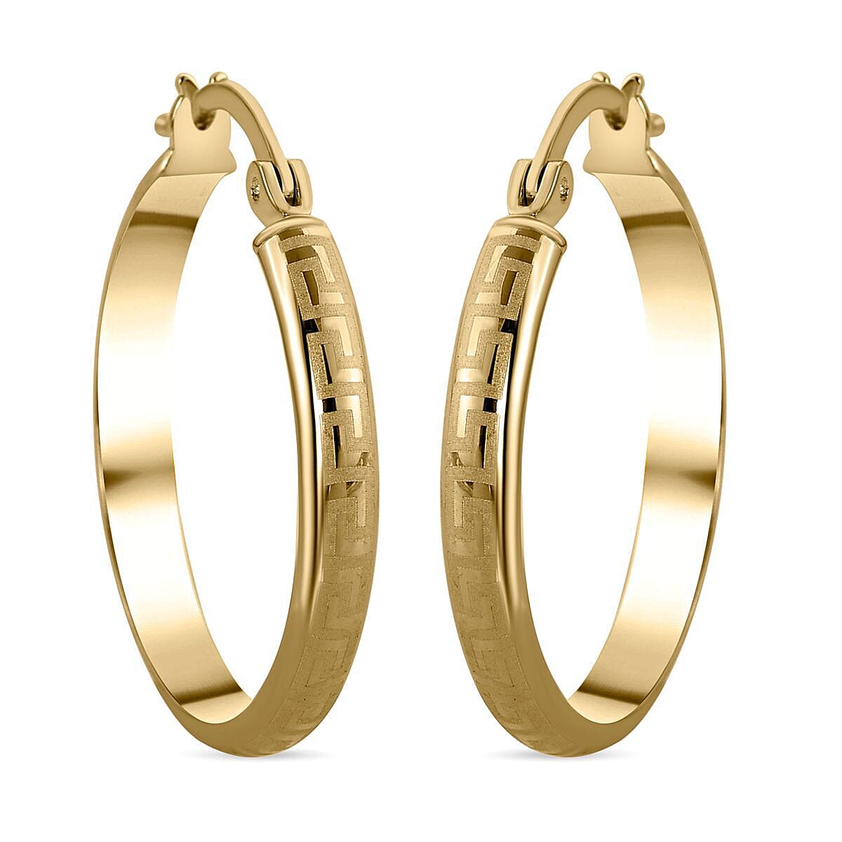 9K Yellow Gold Greek Key Hoop Earrings (with Clasp)