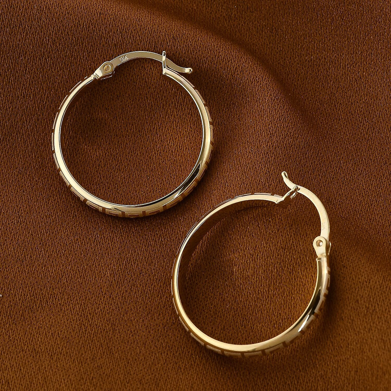 9K Yellow Gold Greek Key Hoop Earrings (with Clasp)