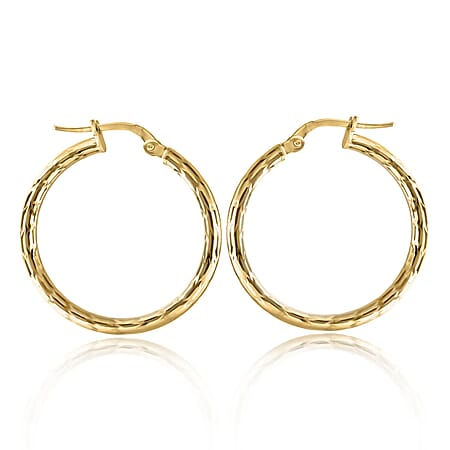 9K Yellow Gold 2mm Tube 24mm Diamond Cut Hoop Earrings