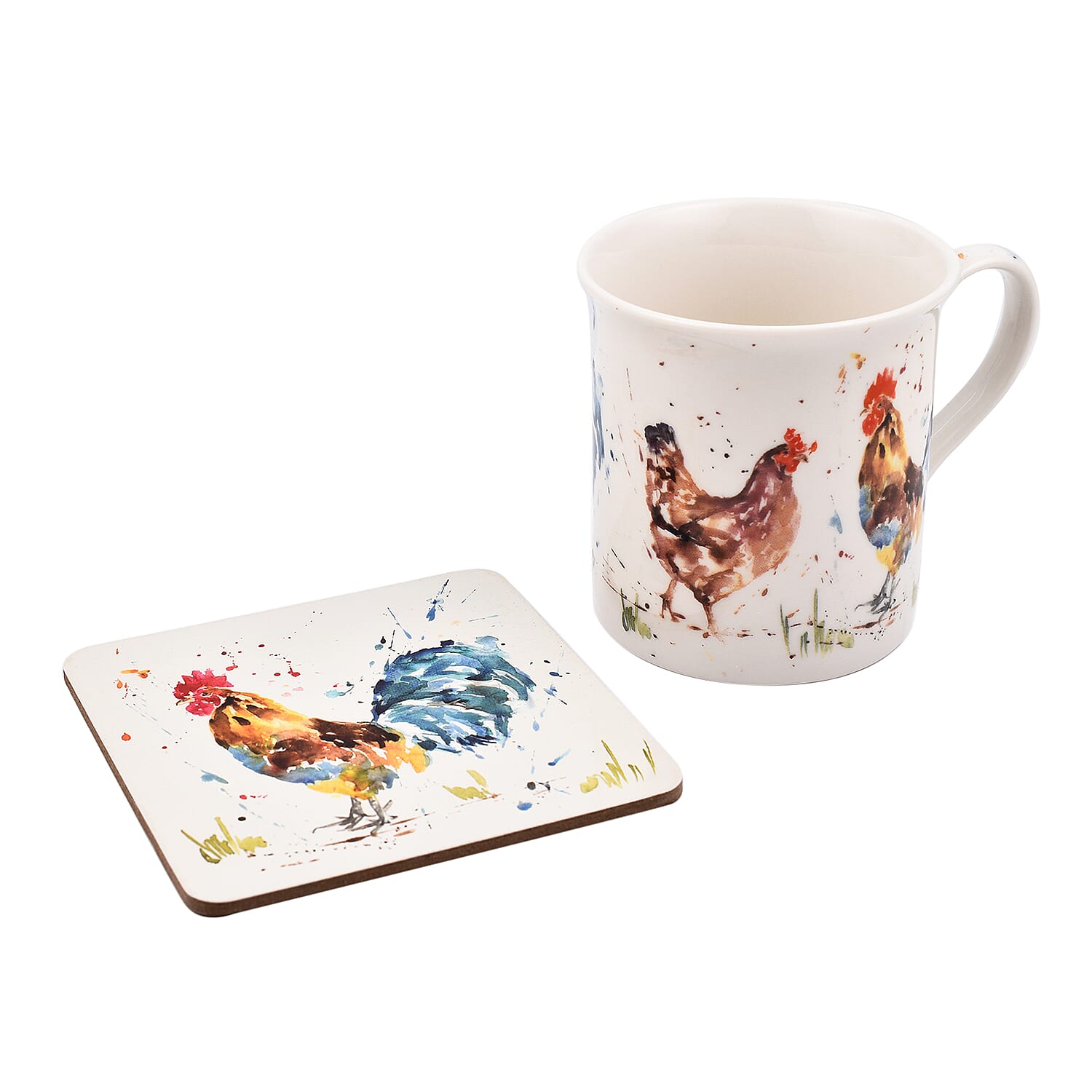 COUNTRY LIFE - Cock, Hen Mug and Coaster Set - Blue & Cream