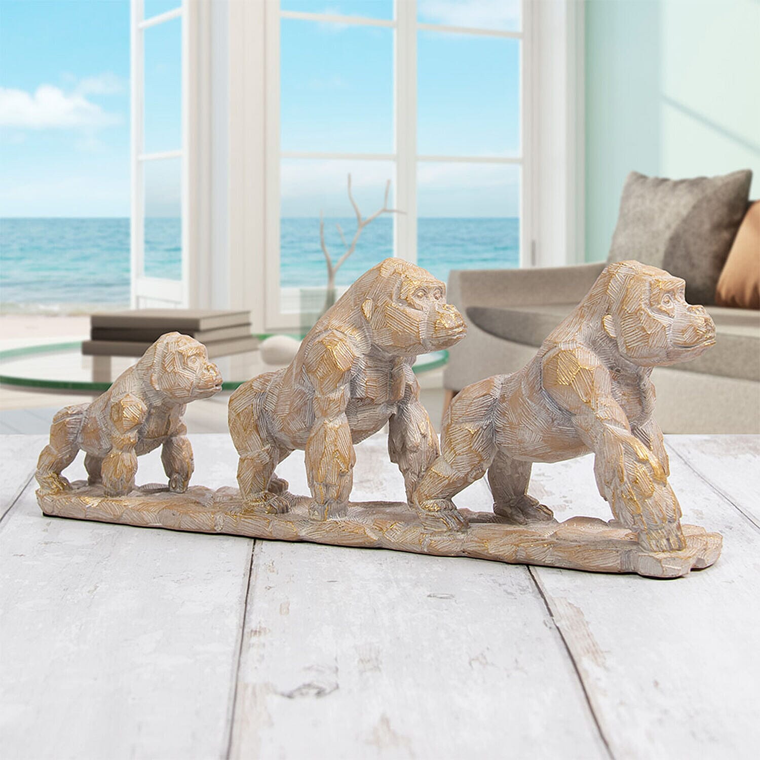 Hand Carved Wood Gorilla Family Ornament (Size 32x13x6 cm) - Gold and White