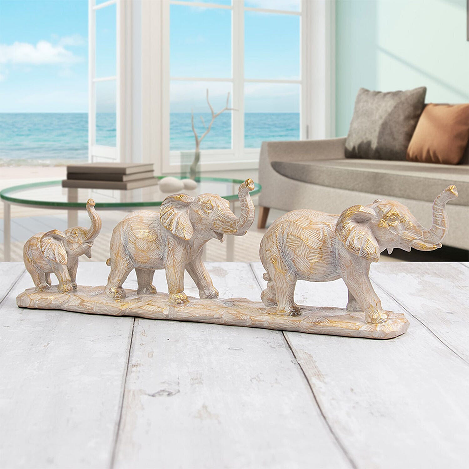 Hand Carved Wood Elephant Family Ornament (Size 33x11x5 cm) - Gold and White