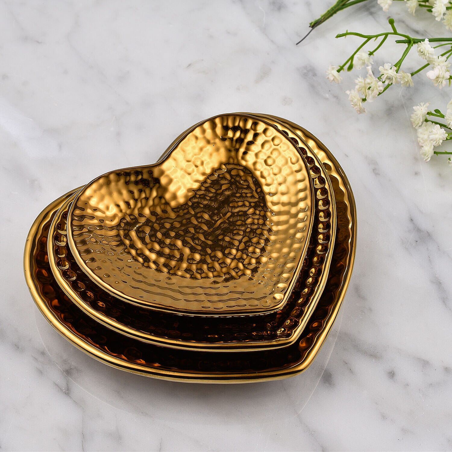 3 Piece Set - Heart Shape Decorative Dishes (Size L,M,S) - Gold
