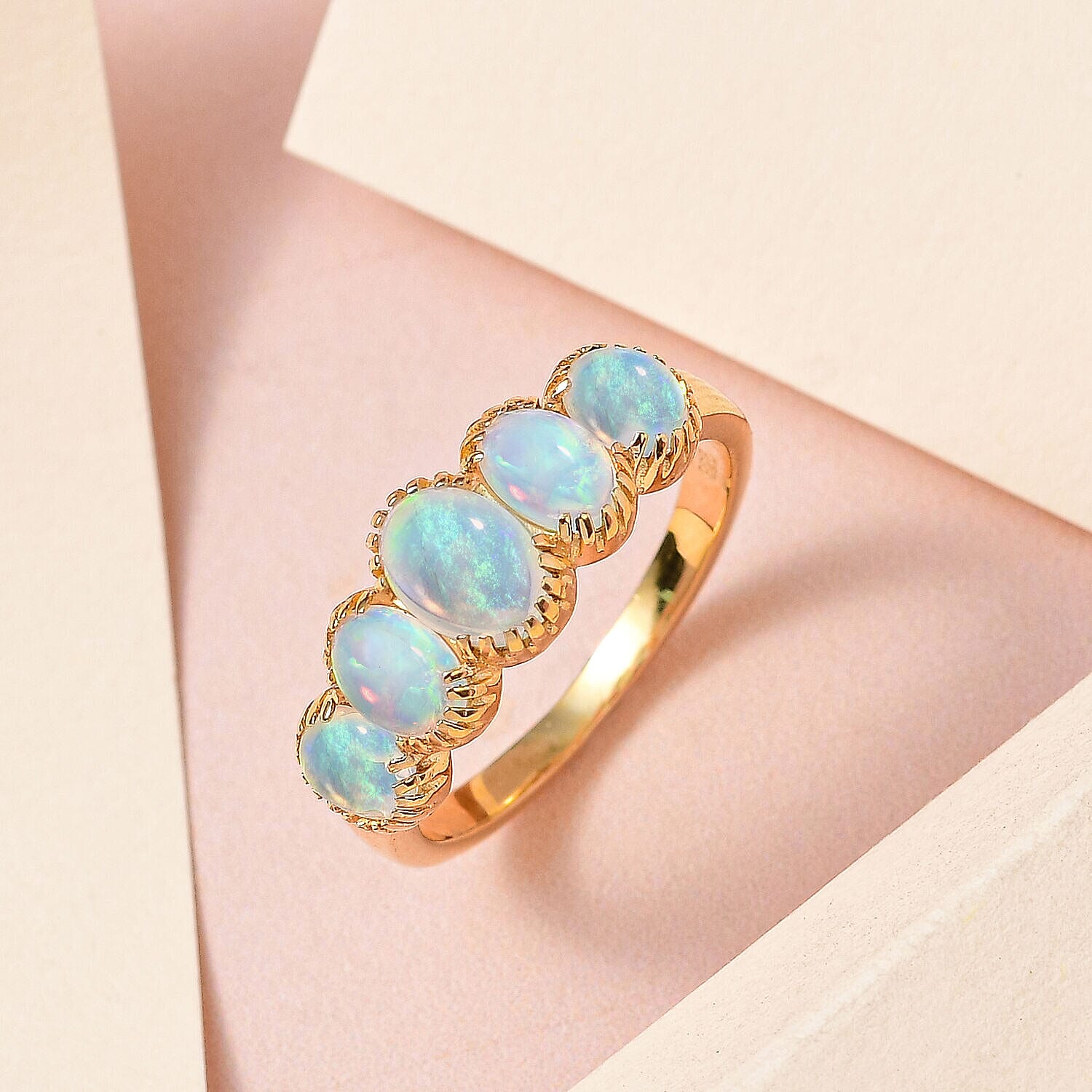 Tucson Special - Ethiopian Welo Opal 5 Stone Ring in 18K Vermeil Yellow Gold Plated Sterling Silver 1.583 Ct