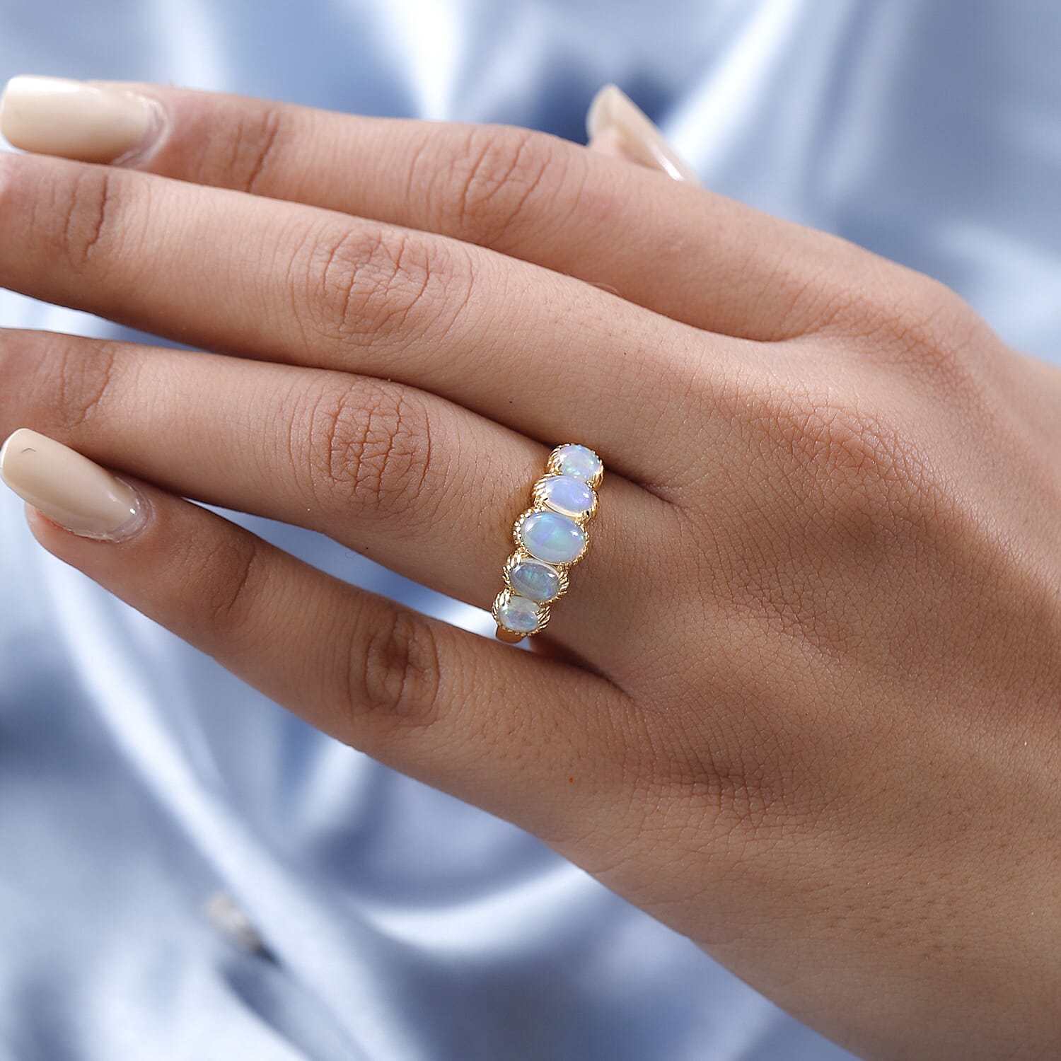 Tucson Special - Ethiopian Welo Opal 5 Stone Ring in 18K Vermeil Yellow Gold Plated Sterling Silver 1.583 Ct