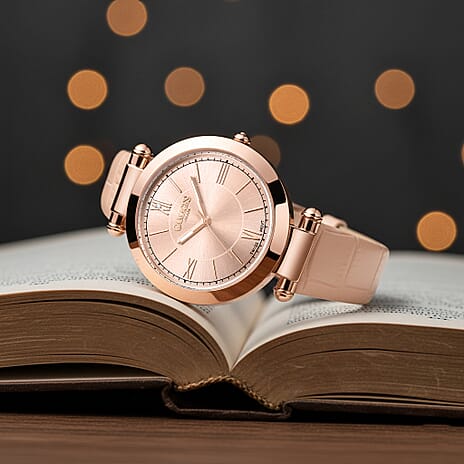 Gamages Of London Impearl Rose Pink Dial Ladies Diamond Watch with Embossed Leather Strap