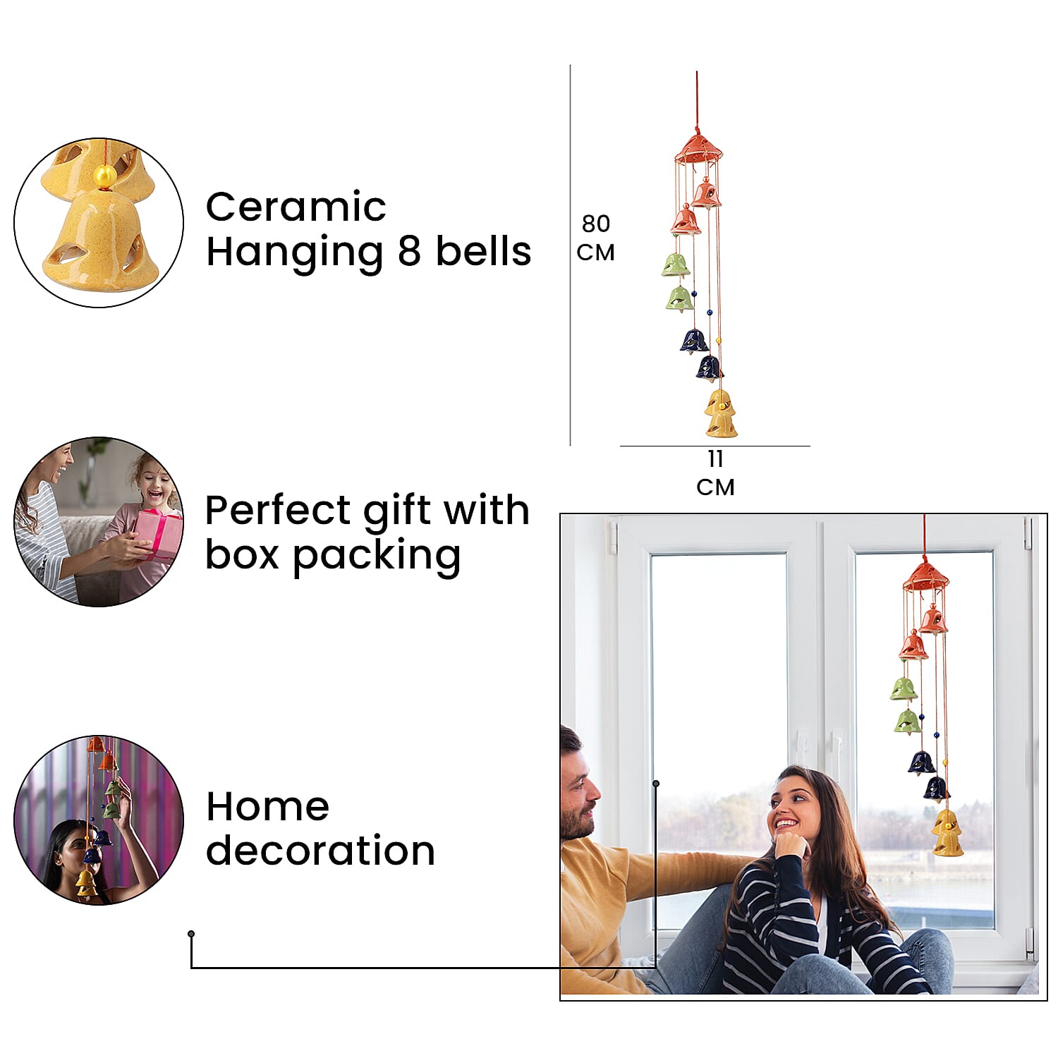 Ceramic Hanging 8 Bells in Gift Box - Multi Colour