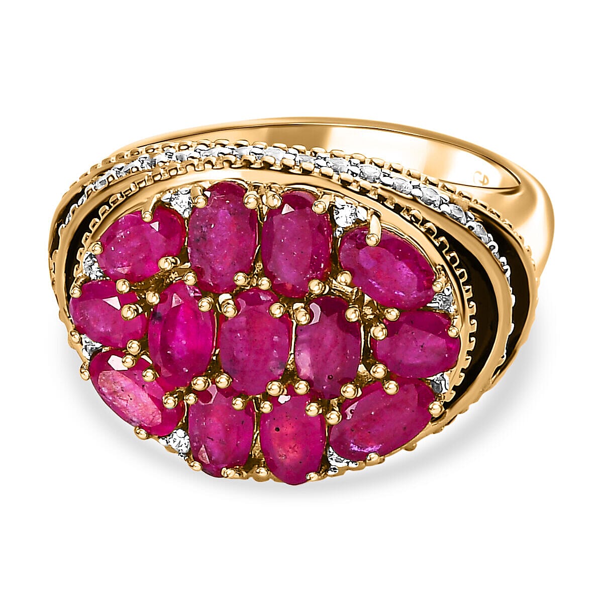 GP Art Deco Collection - African Ruby and Natural Zircon Cluster Enameled Ring in 18K YG Vermeil Plated Sterling Silver 4.80 Ct, Silver Wt 6.50 Gms.