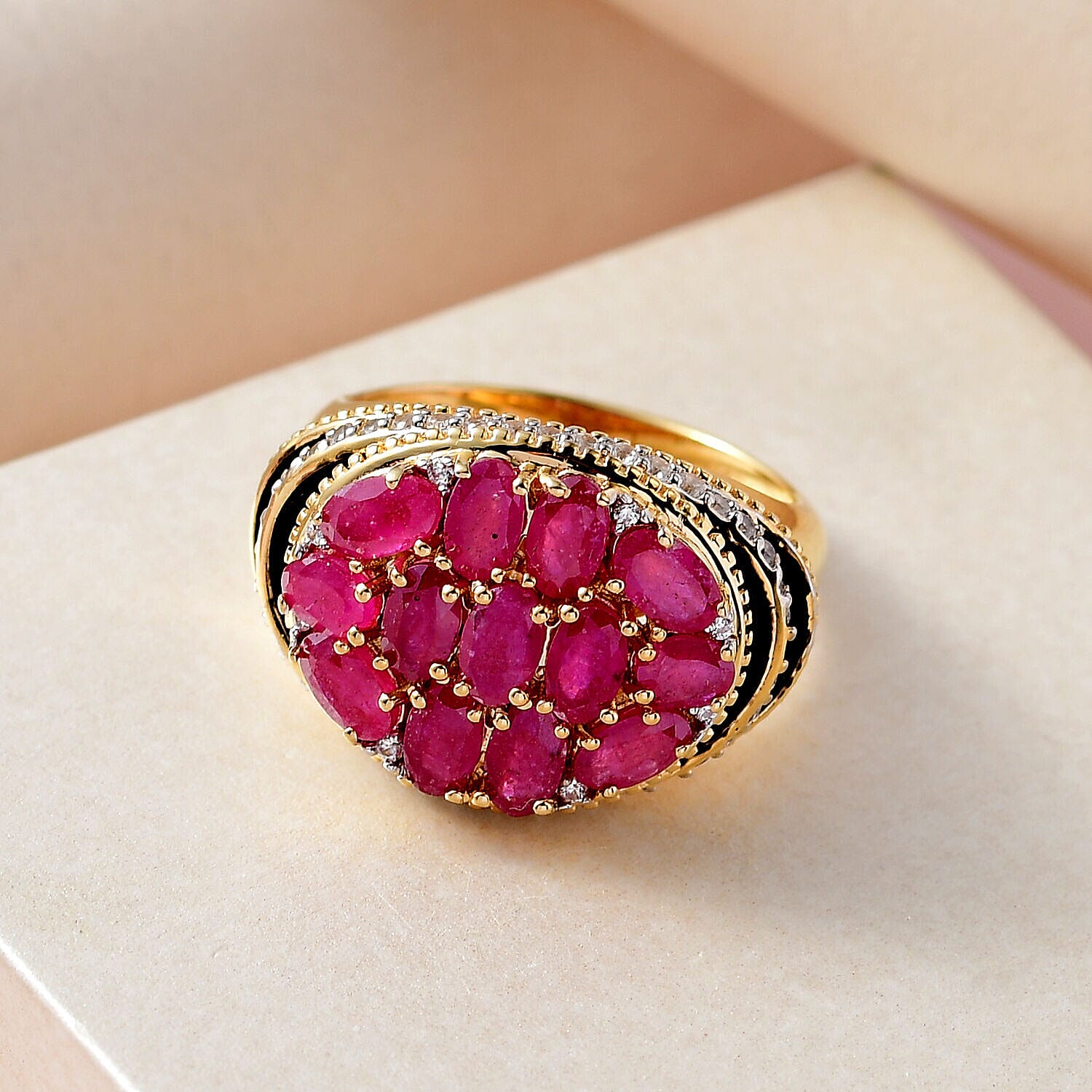 GP Art Deco Collection - African Ruby and Natural Zircon Cluster Enameled Ring in 18K YG Vermeil Plated Sterling Silver 4.80 Ct, Silver Wt 6.50 Gms.