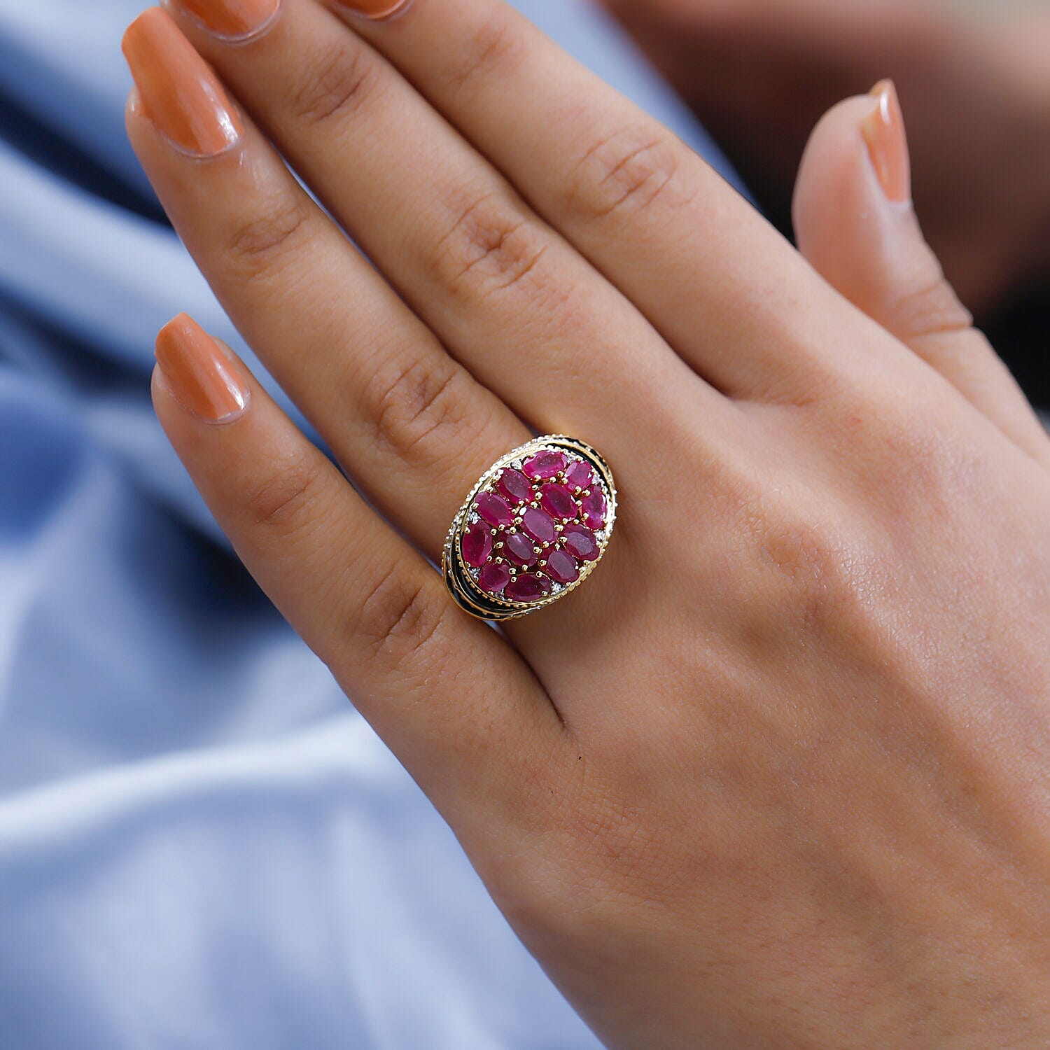 GP Art Deco Collection - African Ruby and Natural Zircon Cluster Enameled Ring in 18K YG Vermeil Plated Sterling Silver 4.80 Ct, Silver Wt 6.50 Gms.