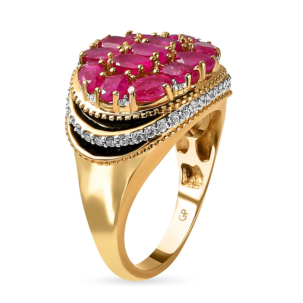 GP Art Deco Collection - African Ruby and Natural Zircon Cluster Enameled Ring in 18K YG Vermeil Plated Sterling Silver 4.80 Ct, Silver Wt 6.50 Gms.