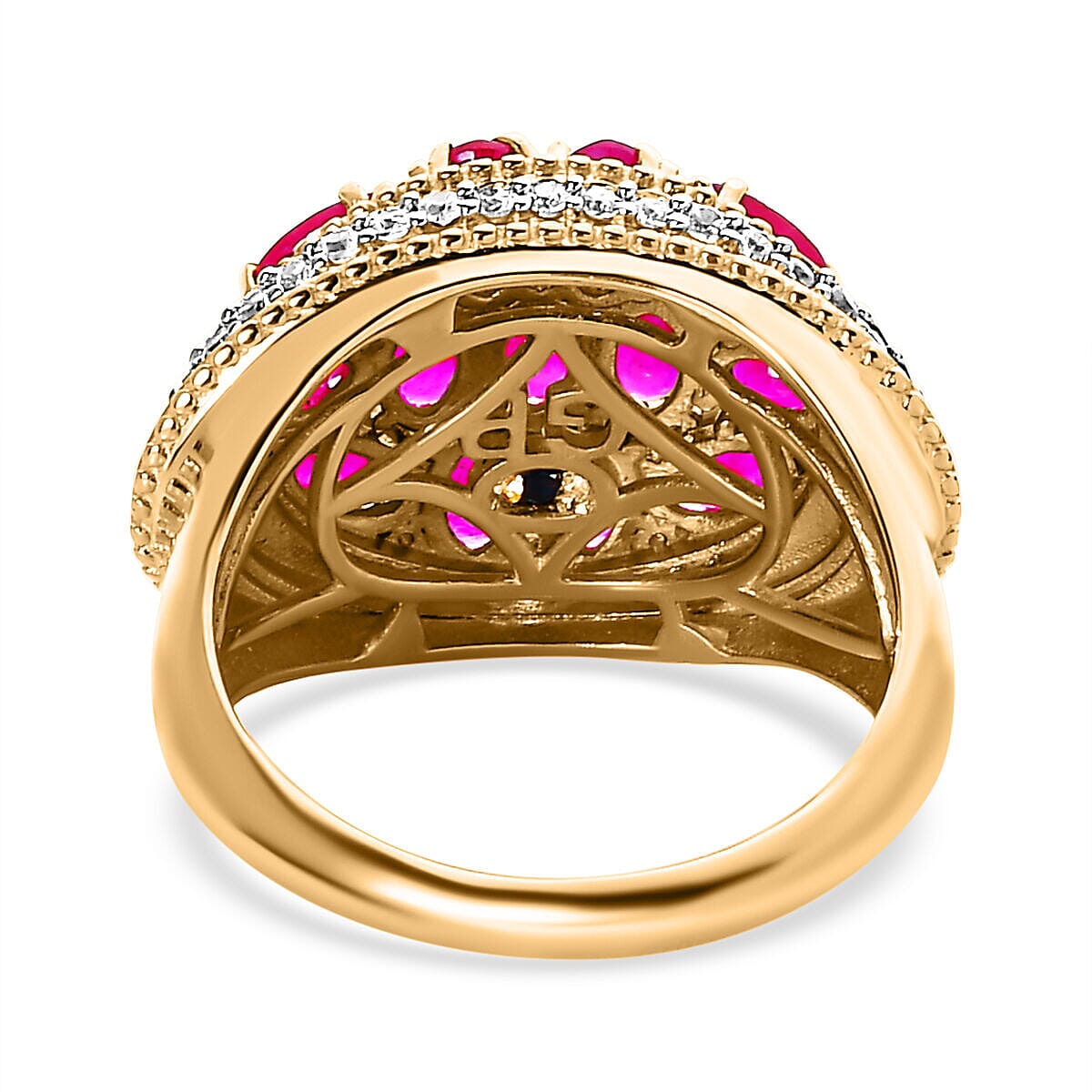 GP Art Deco Collection - African Ruby and Natural Zircon Cluster Enameled Ring in 18K YG Vermeil Plated Sterling Silver 4.80 Ct, Silver Wt 6.50 Gms.