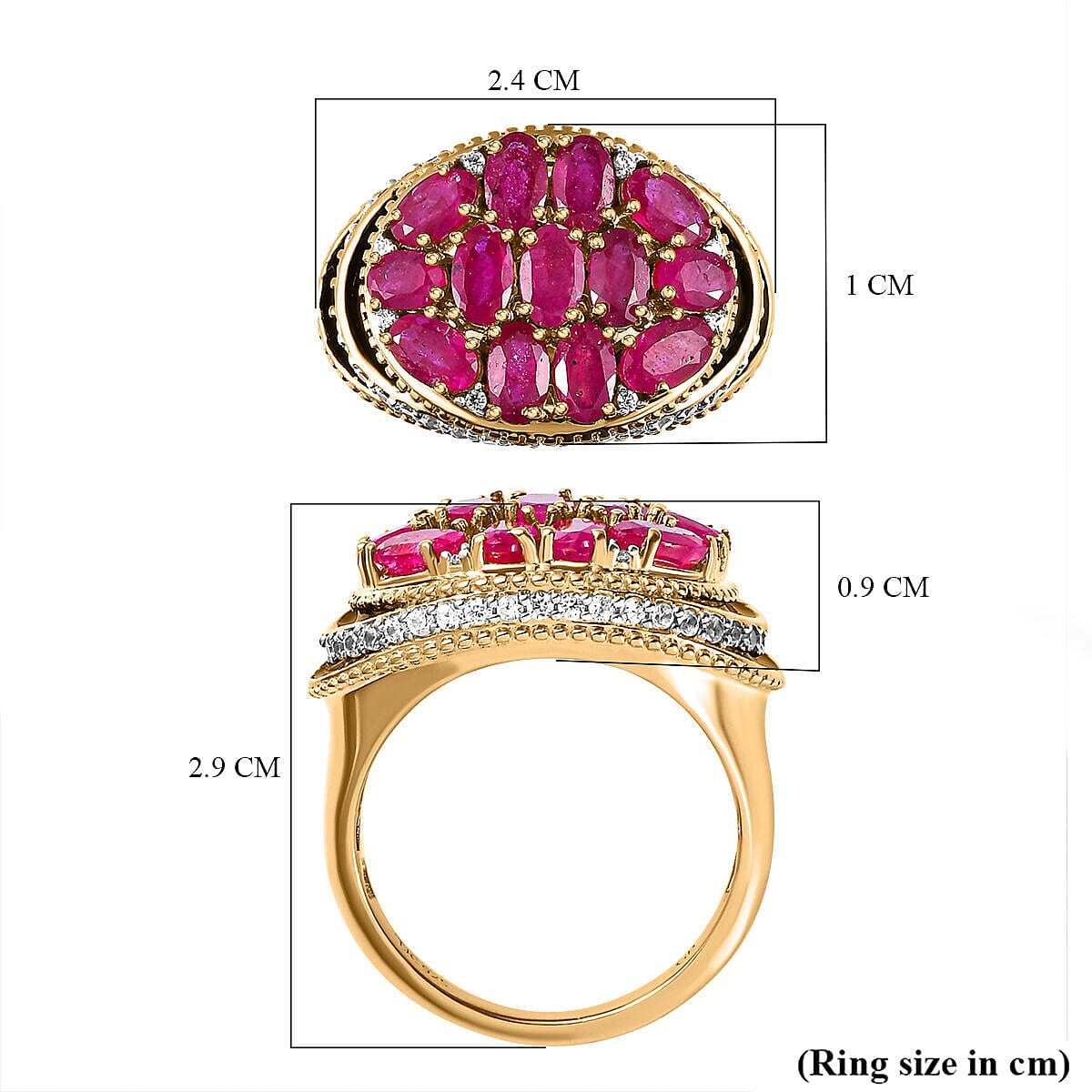 GP Art Deco Collection - African Ruby and Natural Zircon Cluster Enameled Ring in 18K YG Vermeil Plated Sterling Silver 4.80 Ct, Silver Wt 6.50 Gms.