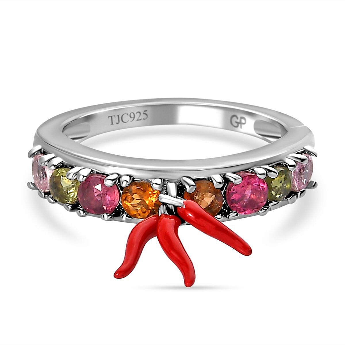 GP - Multi-Tourmaline Enamelled Ring in Platinum Overlay Sterling Silver 1.20 Ct.