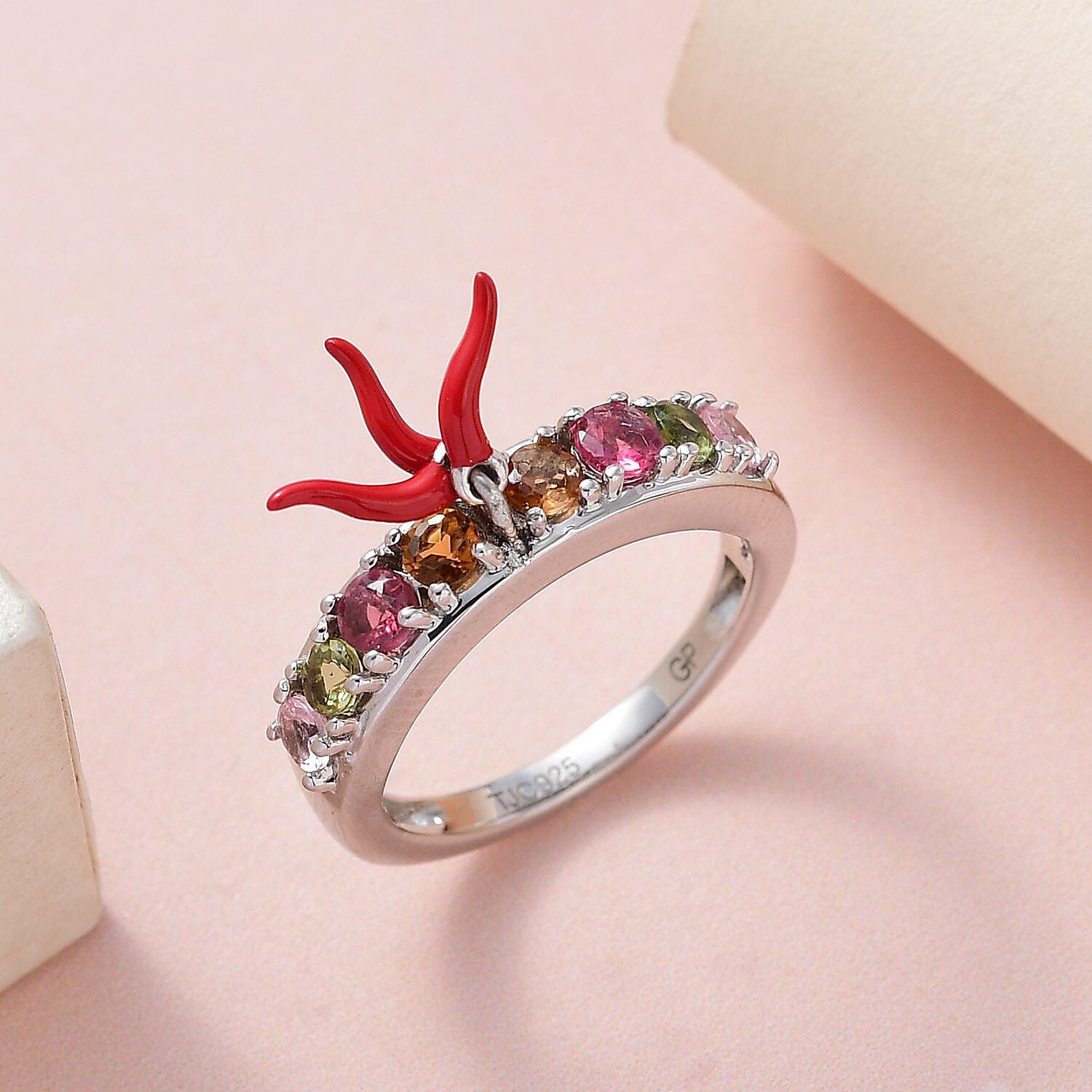 GP - Multi-Tourmaline Enamelled Ring in Platinum Overlay Sterling Silver 1.20 Ct.