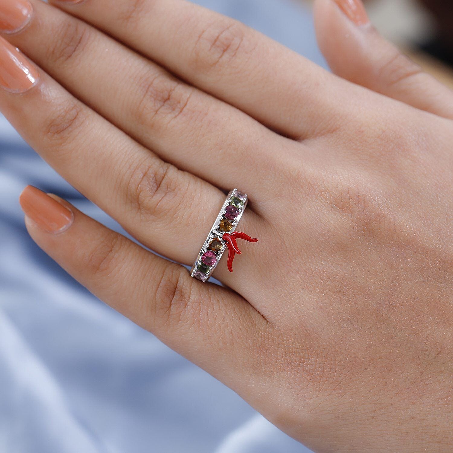 GP - Multi-Tourmaline Enamelled Ring in Platinum Overlay Sterling Silver 1.20 Ct.