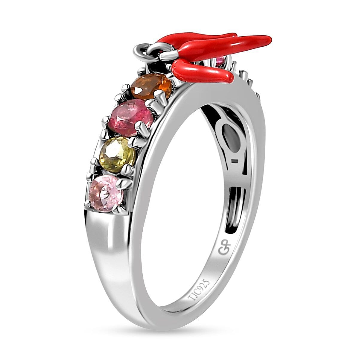 GP - Multi-Tourmaline Enamelled Ring in Platinum Overlay Sterling Silver 1.20 Ct.