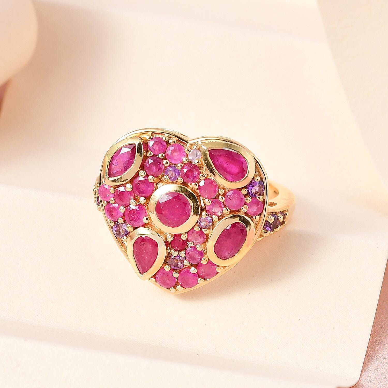 GP Amore Collection - African Ruby and Amethyst Heart Ring in 18K Gold Vermeil Sterling Silver 3.19 Ct.