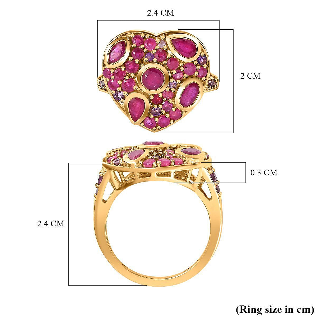 GP Amore Collection - African Ruby and Amethyst Heart Ring in 18K Gold Vermeil Sterling Silver 3.19 Ct.