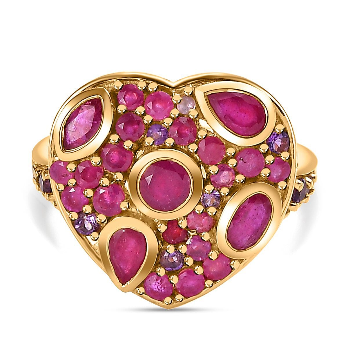 GP Amore Collection - African Ruby and Amethyst Heart Ring in 18K Gold Vermeil Sterling Silver 3.19 Ct.