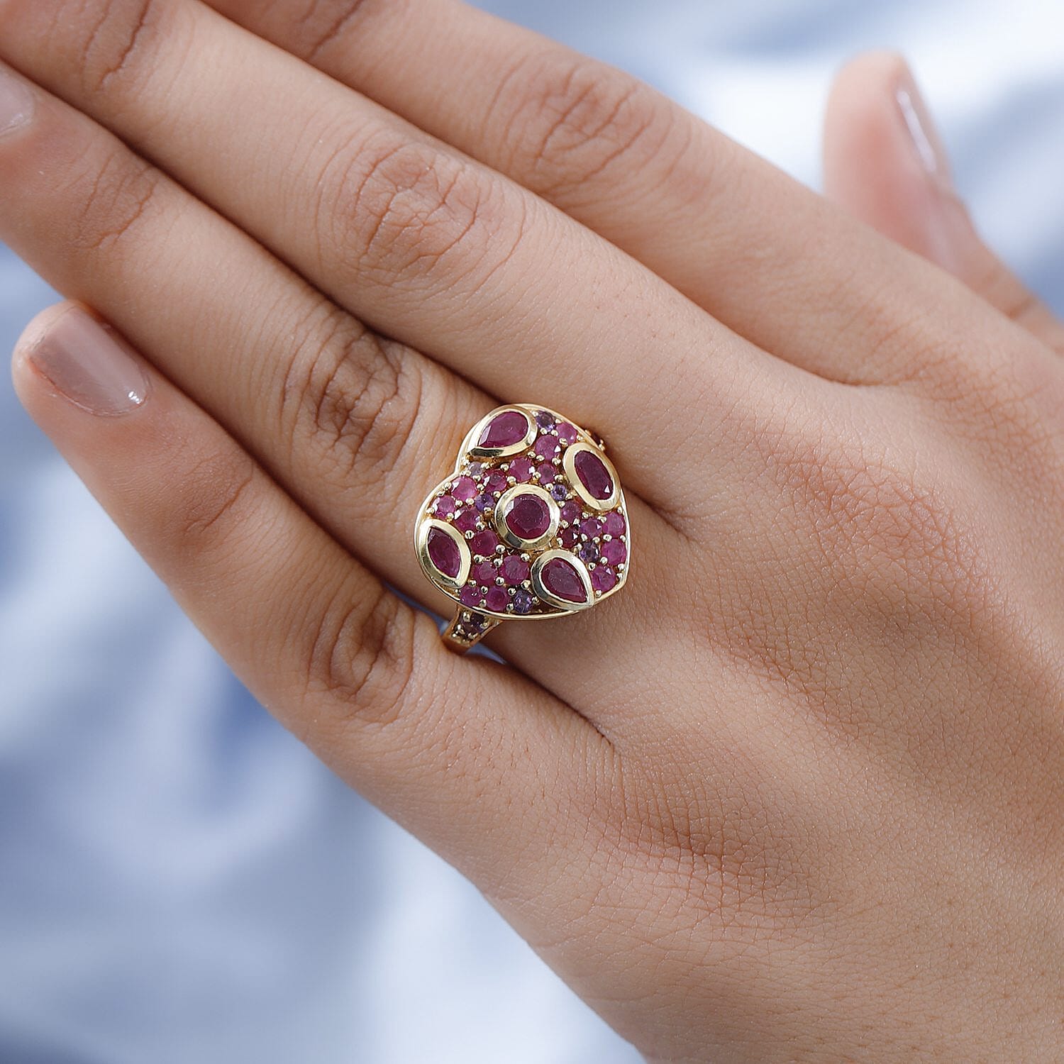 GP Amore Collection - African Ruby and Amethyst Heart Ring in 18K Gold Vermeil Sterling Silver 3.19 Ct.