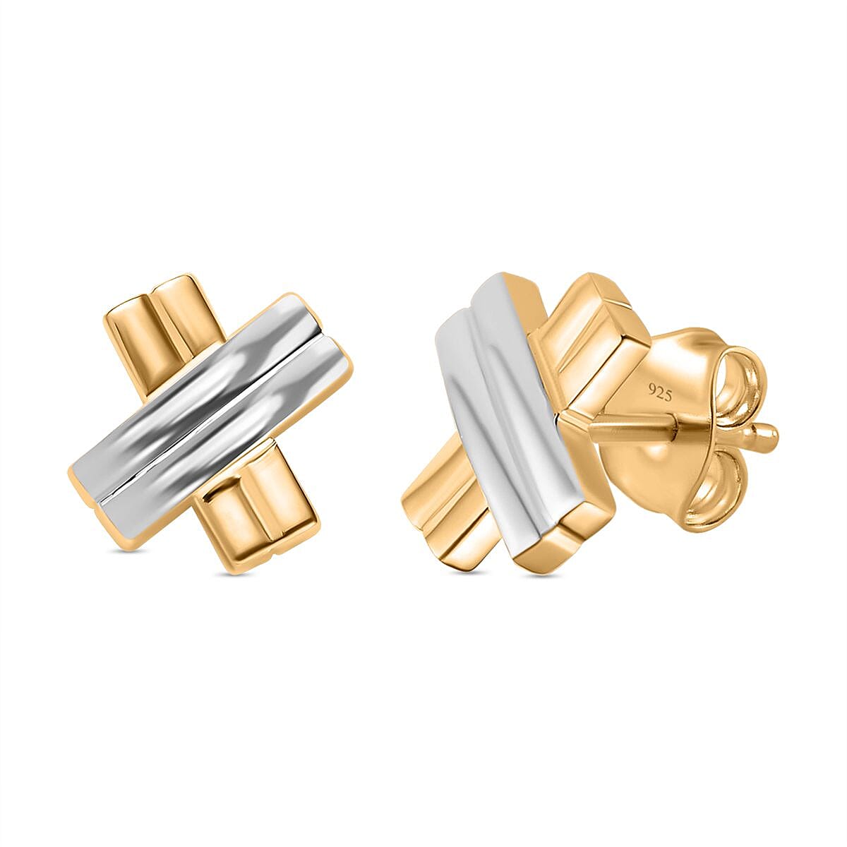 Tube Kiss X Earrings With Push Back in 18K Vermeil Yellow Gold Plated in Two Tone Sterling Silver