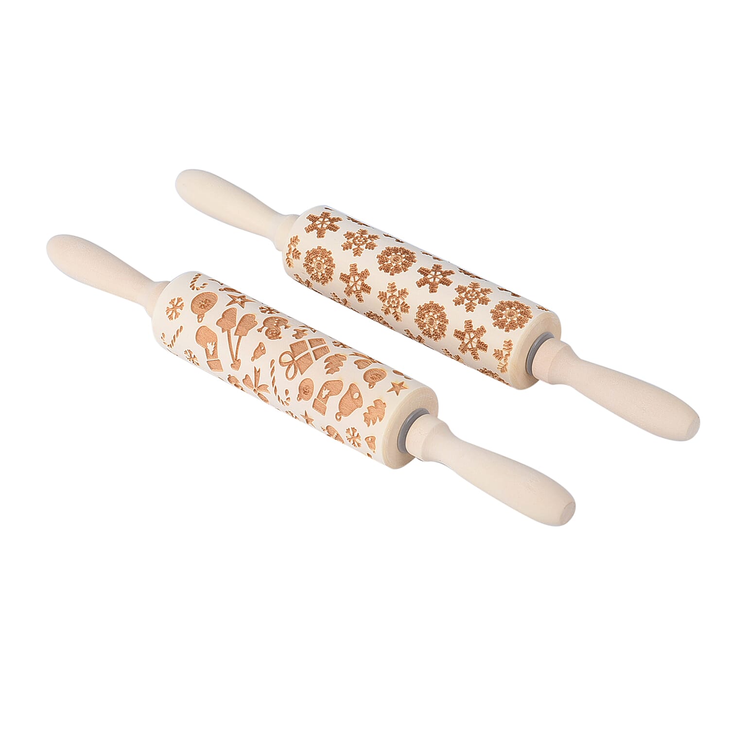 Set of 2 - Christmas Embossed Pattern Wooden Rolling Pin (Size 35x5Cm)
