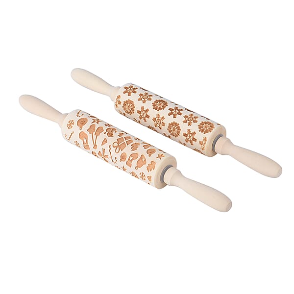 Set of 2 Christmas Embossed Pattern Wooden Rolling Pin (Size 35x5Cm