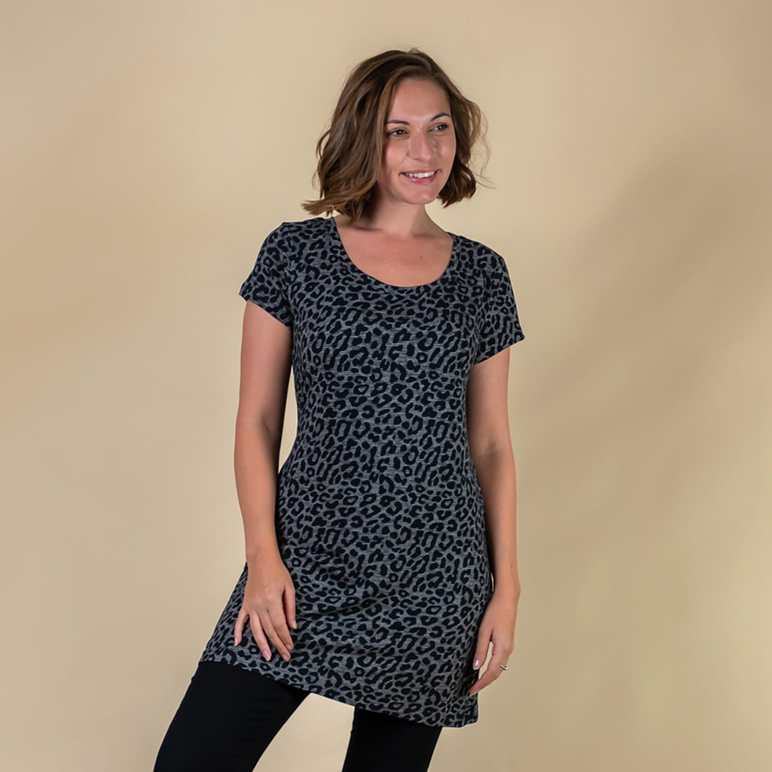 TAMSY Leopard Pattern Round Neck Sleep Shirt for Women (Size L) - Dark Grey