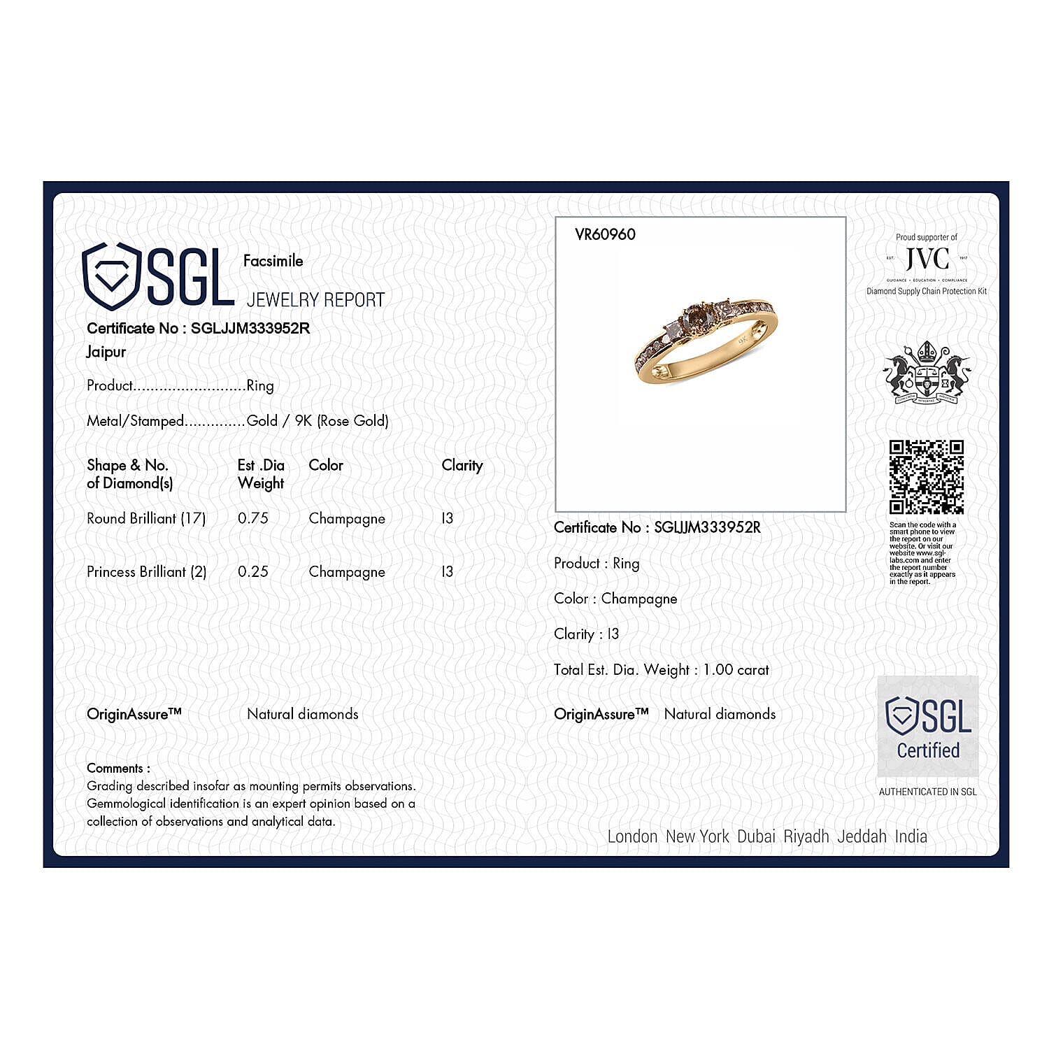 9K Rose Gold SGL Certified Natural Champagne Diamond Ring 1.00 Ct.