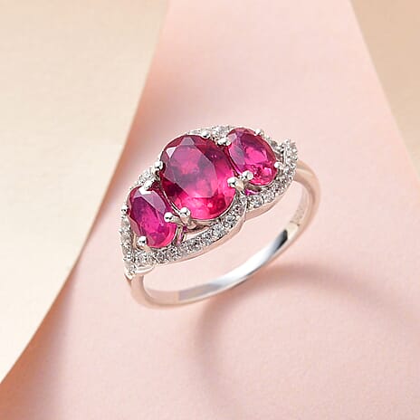 African Ruby and Natural Zircon Ring in Platinum Overlay Sterling Silver 3.50 Ct