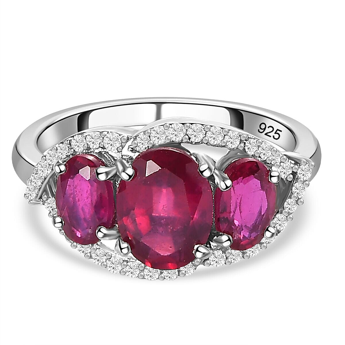 African Ruby and Natural Zircon Trilogy Ring in Platinum Overlay Sterling Silver