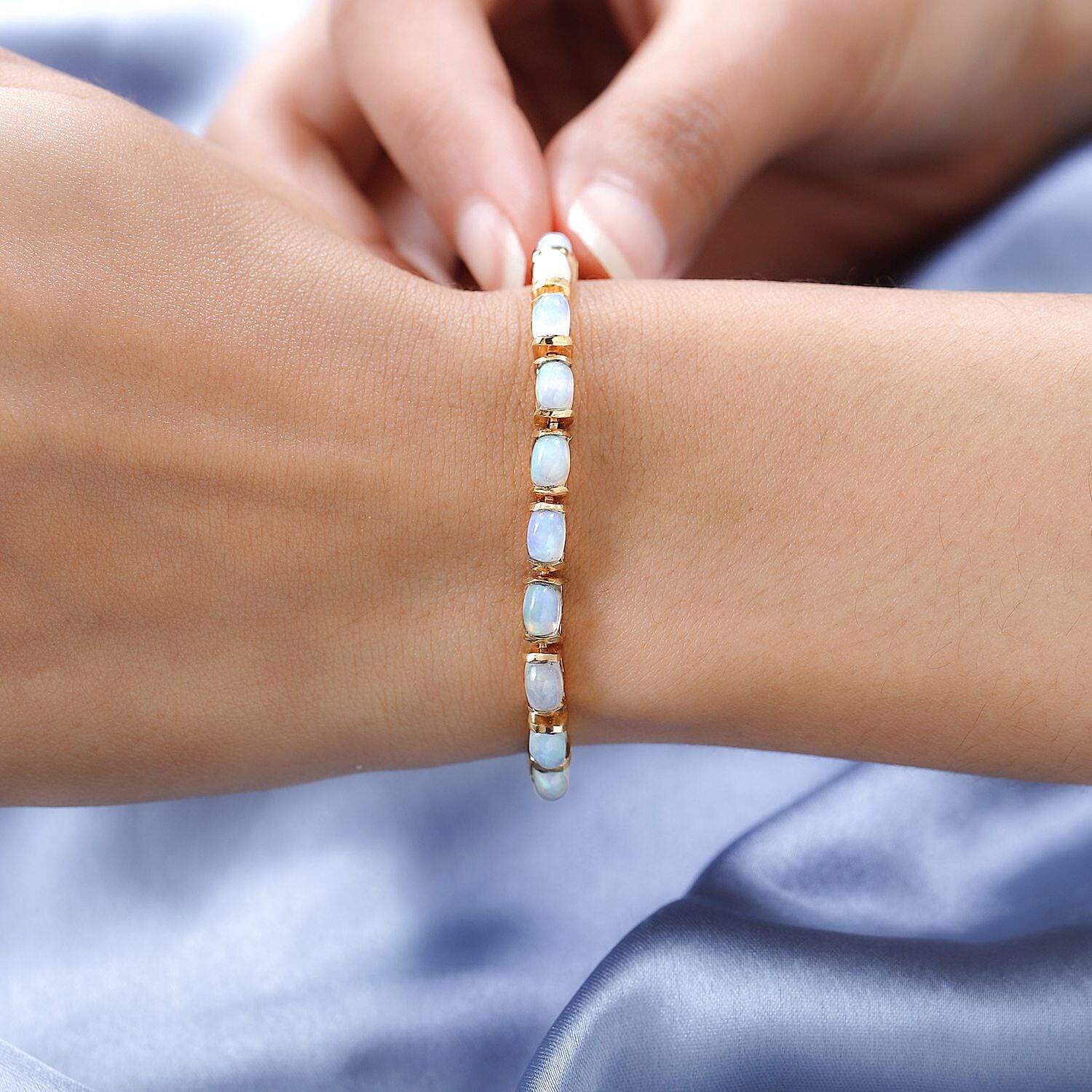 Ethiopian Welo Opal Bracelet (Size - 7.5) in 18K Yellow Gold Vermeil Plated Sterling Silver 8.40 Ct, Silver Wt. 11.39 Gms.