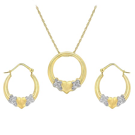 9K Two Tone Heart Necklace and Earrings Set 18 Inch