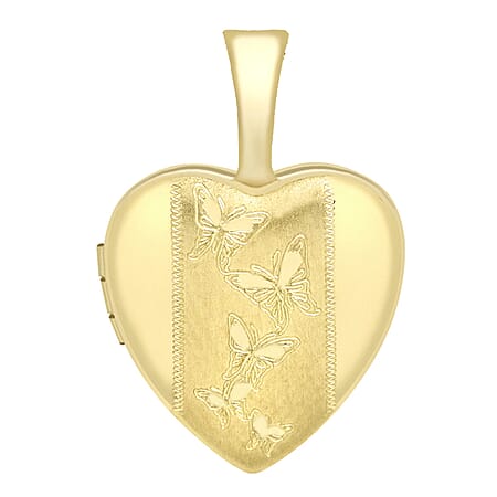 9K Yellow Gold 12mm x 18mm Etched Butterfly Detail Heart Locket