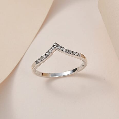 Diamond Wishbone Ring in Platinum Overlay Sterling Silver 0.080 Ct