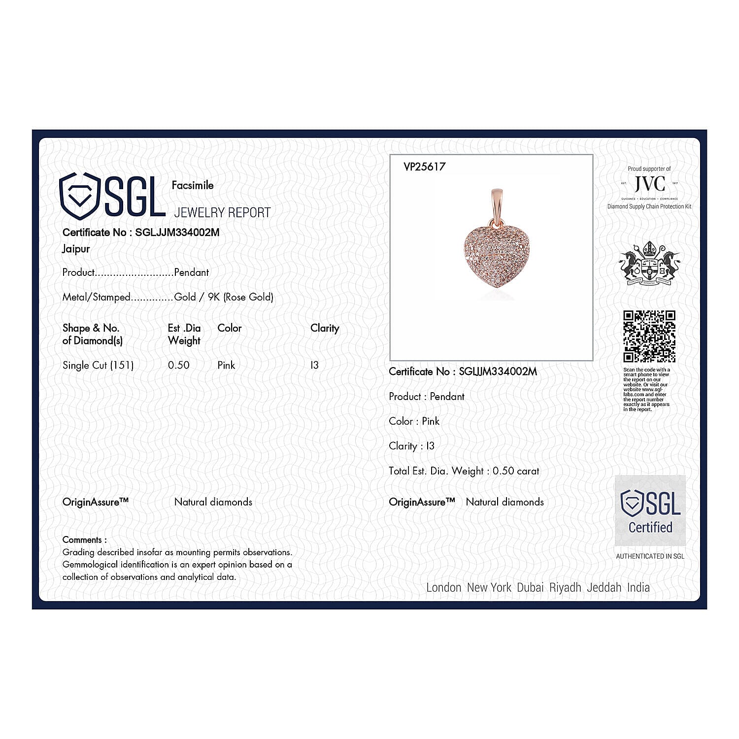 9K Rose Gold SGL Certified Natural Pink Diamond Heart Pendant 0.50 Ct.