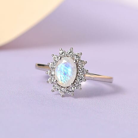 Rainbow Moonstone and Natural Cambodian Zircon Ring in Platinum Overlay Sterling Silver 1.30 Ct