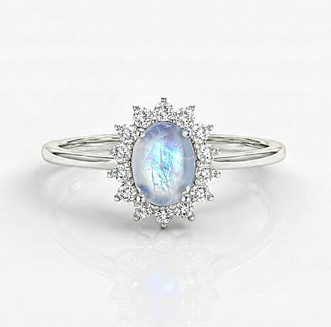 Rainbow Moonstone and Natural Cambodian Zircon Ring in Platinum Overlay Sterling Silver 1.30 Ct