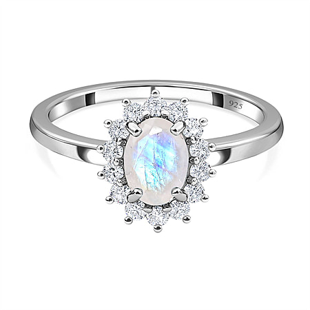 Rainbow Moonstone and Natural Cambodian Zircon Halo Ring in Sterling Silver with Platinum Plating
