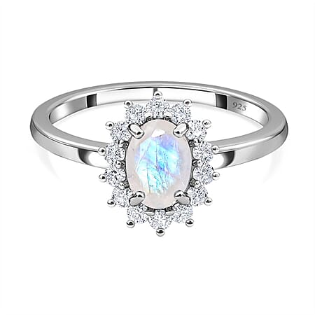 Rainbow Moonstone June Birthstone Halo Ring with Natural Cambodian Zircon in Sterling Silver with Platinum Plating