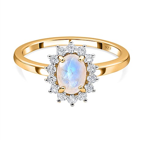 Rainbow Moonstone and Natural Cambodian Zircon Ring in 18K Yellow Gold Vermeil Plated Sterling Silver 1.30 Ct