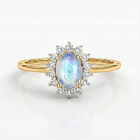 Rainbow Moonstone and Natural Cambodian Zircon Ring in 18K Yellow Gold Vermeil Plated Sterling Silver 1.30 Ct
