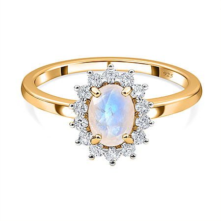Rainbow Moonstone and Natural Cambodian Zircon Halo Ring in Sterling Silver with 18K Vermeil Yellow Gold