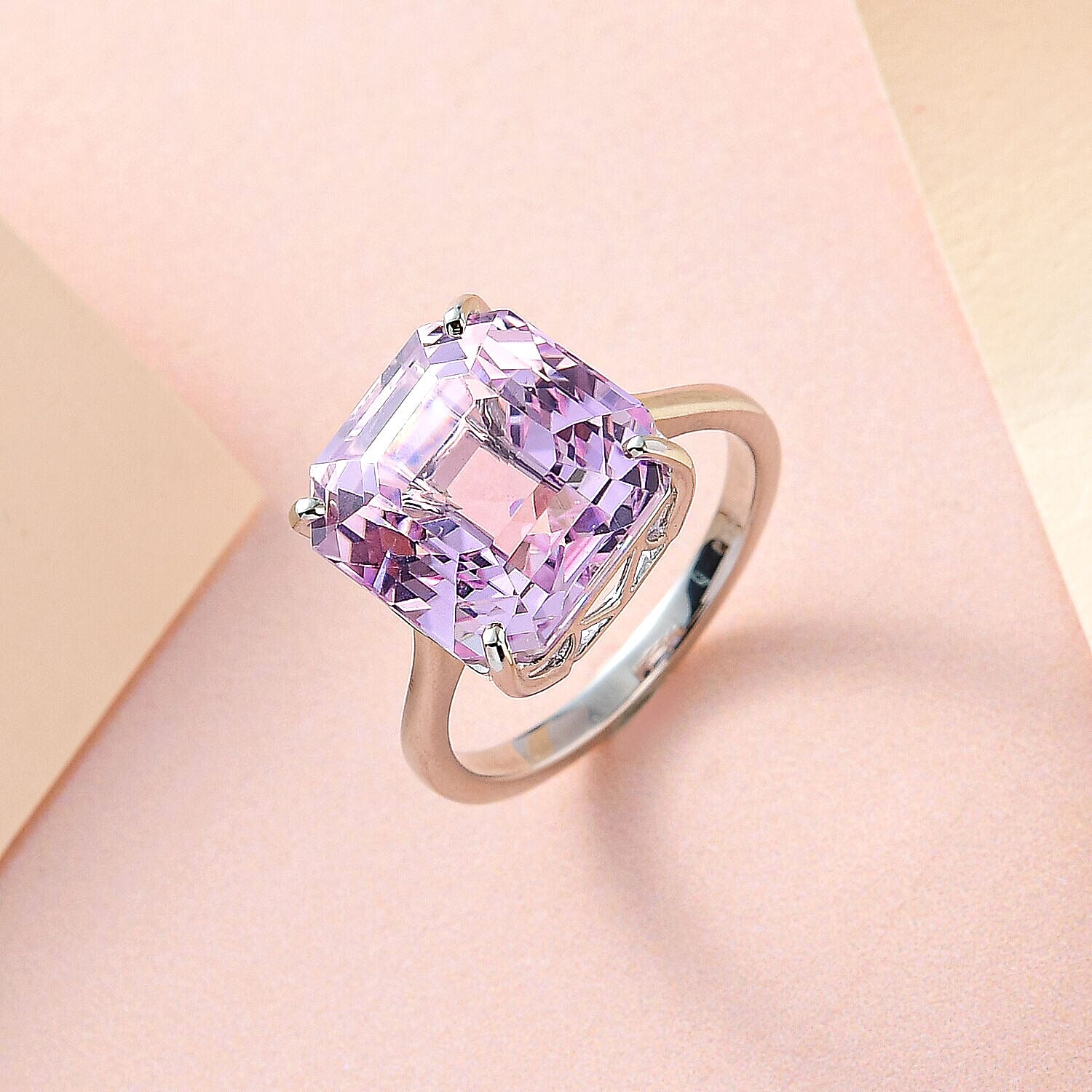 950 Platinum AAAA Patroke Kunzite (Asscher Cut) Solitaire Ring 10.14 Ct, Platinum Wt. 5.00 Gms.