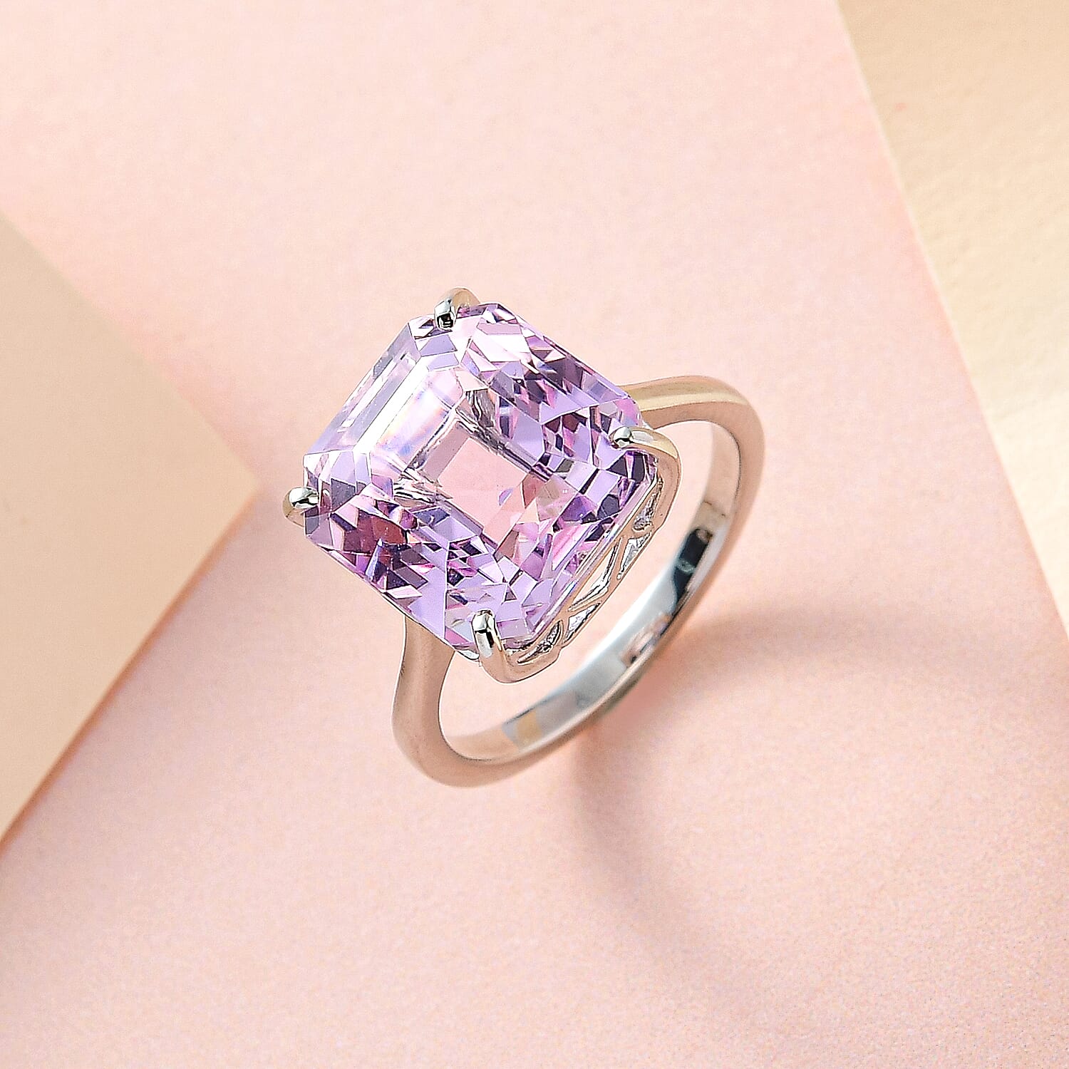 950 Platinum AAAA Patroke Kunzite (Asscher Cut) Solitaire Ring 10.14 Ct, Platinum Wt. 5.00 Gms.
