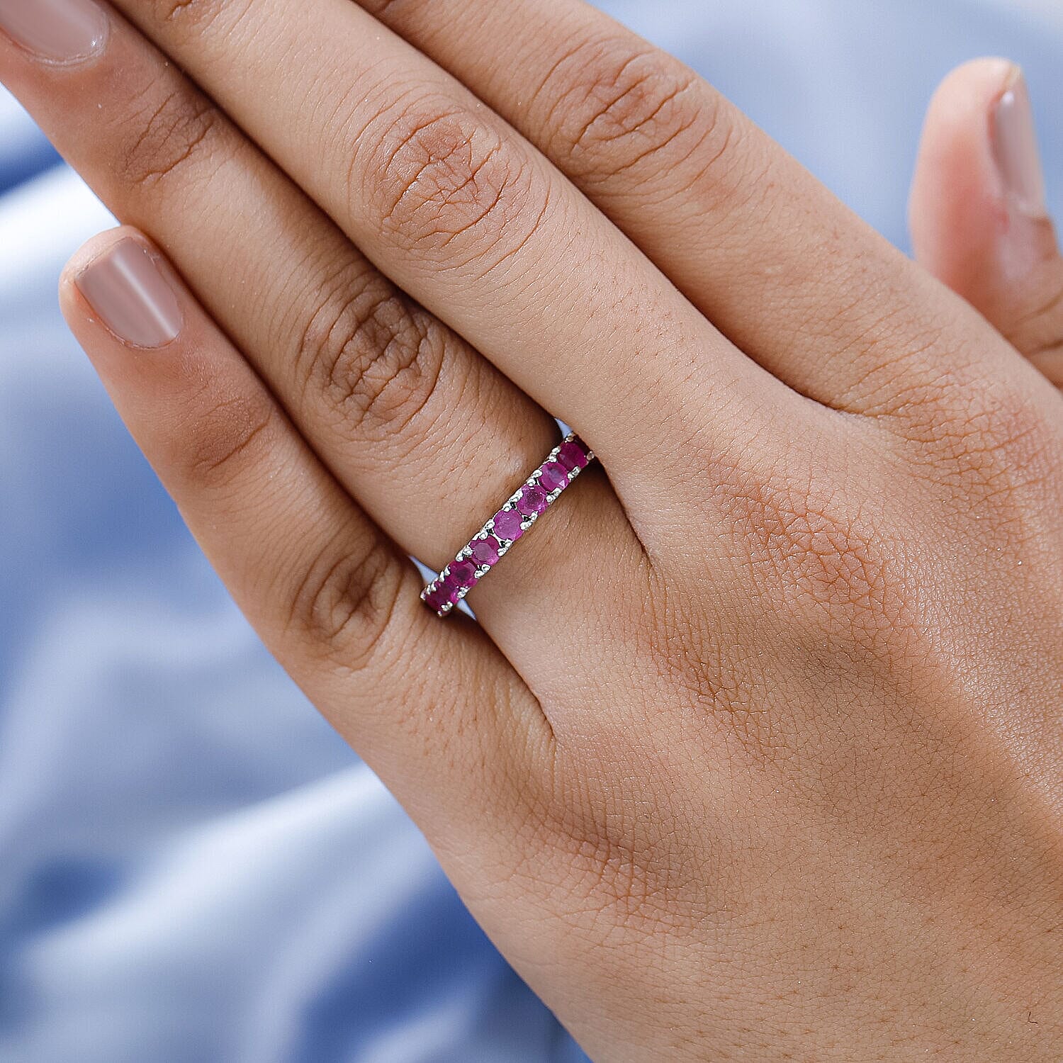 African Ruby Eternity Band Ring in Platinum Overlay Sterling Silver 4.00 Ct